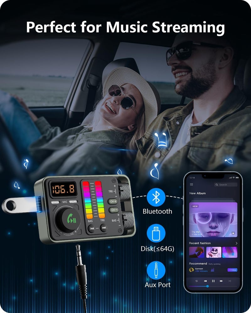 Lencent Bluetooth Car Adapter, Bluetooth 5.3 FM Radio Transmitter with Hi-Fi Treble & Bass Music Player, PD20W and QC18W Fast Charger, Dual Mics for Hands-Free Call, Siri & Google, U Disk/3.5mm AUX - Image 5